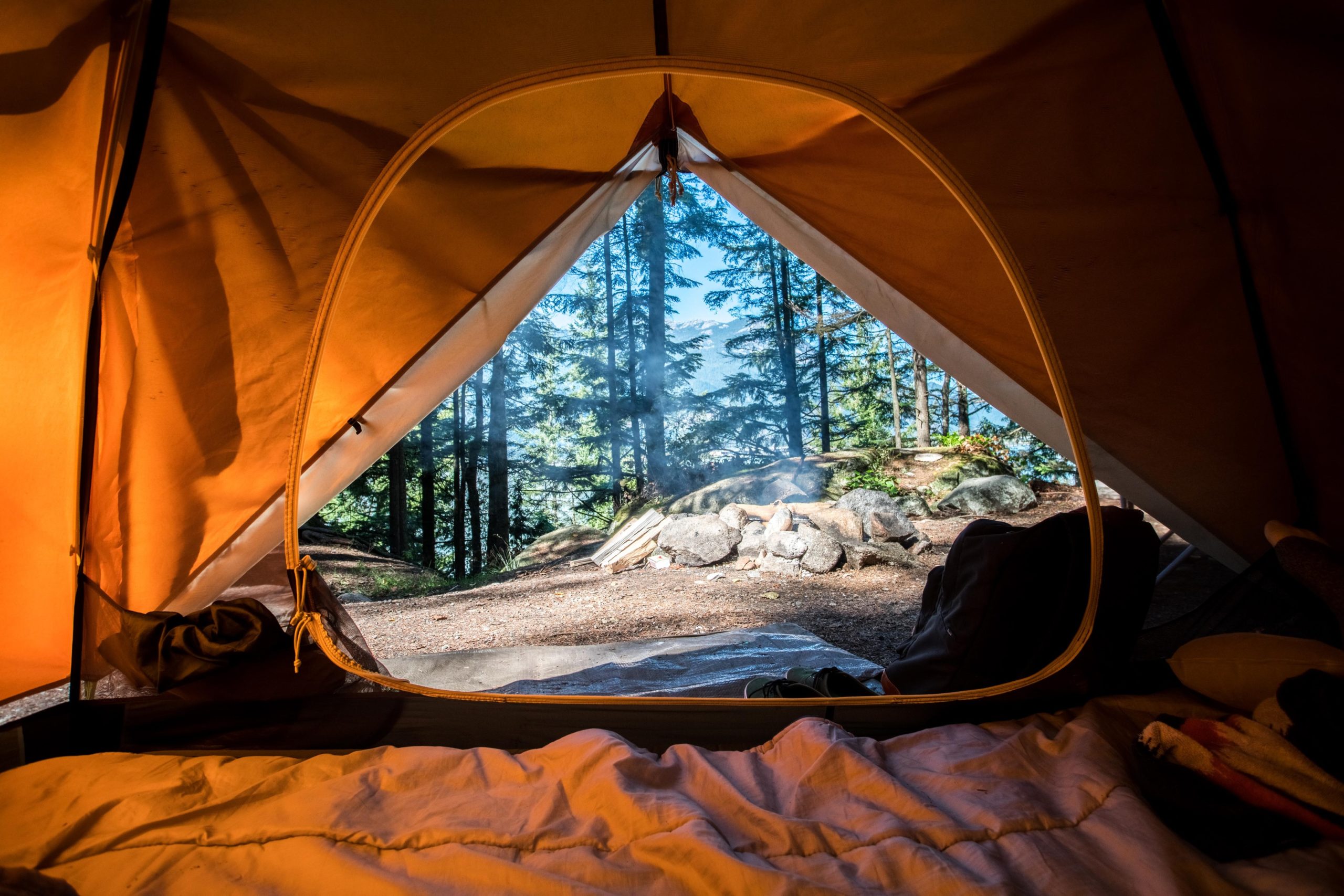View inside a tent while camping in Glacier National Park